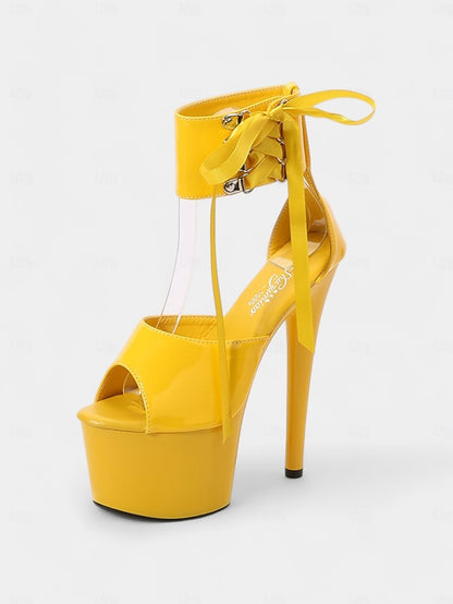 Black with Platform Lace-Up Patent Ankle Straps Sandals Leather