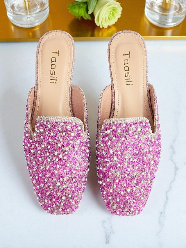 and Women's Embellished Pink Mules Rhinestone Pearl -