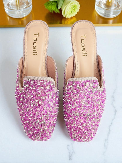 and Women's Embellished Pink Mules Rhinestone Pearl -