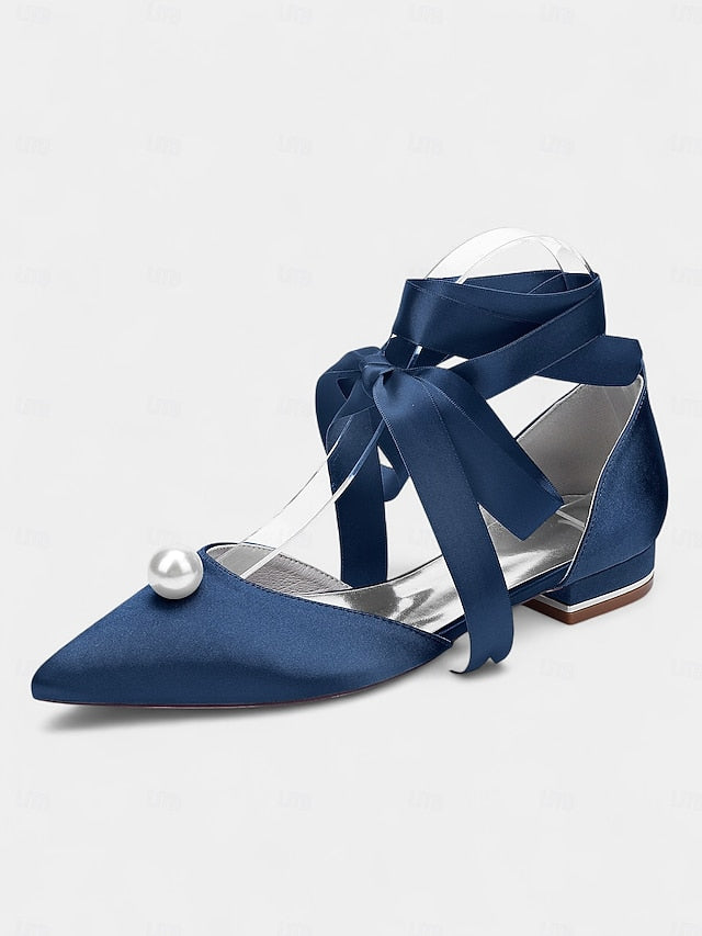 Embellished Satin Pointed Women's Navy - Pearl Flats Toe