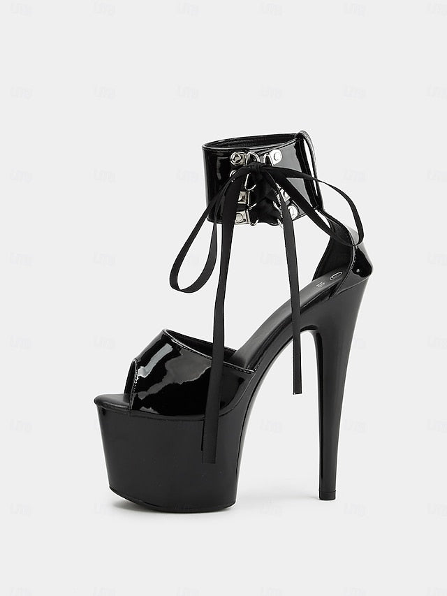 Black with Platform Lace-Up Patent Ankle Straps Sandals Leather