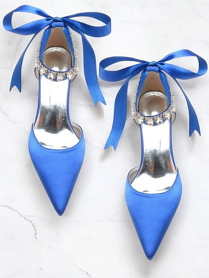 with Ankle and Strap Heels Satin Pointed-Kitten Blue Rhinestone