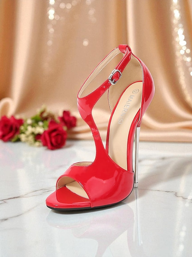 Open - Patent Red Strappy Leather Heels Women's Stiletto