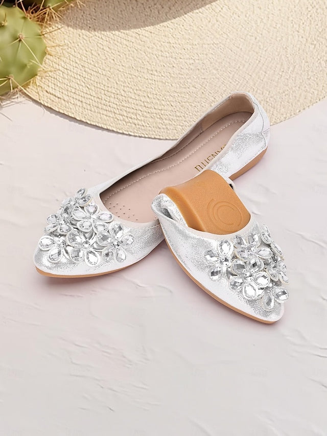 Foldable Silver Rhinestone Flats with Women's