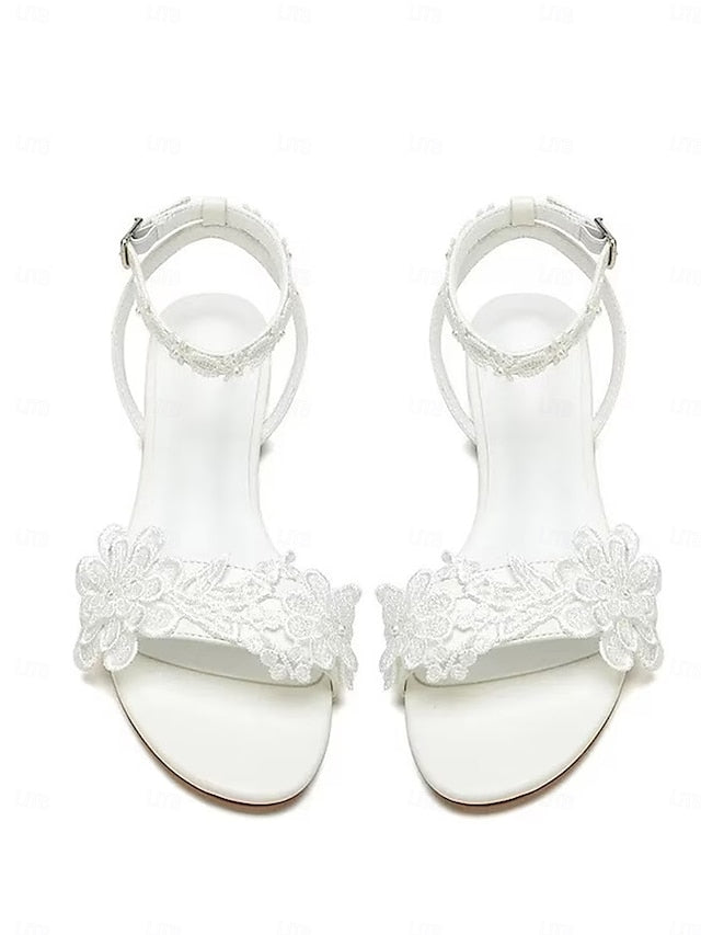 White Sandals Open-Toe Block Lace Straps Floral with Ankle Flats