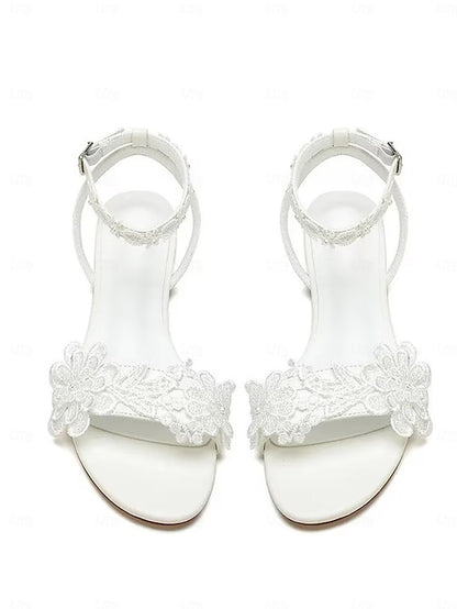 White Sandals Open-Toe Block Lace Straps Floral with Ankle Flats