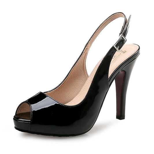 Patent High Slingback Heels Peep-Toe Black Women's Leather