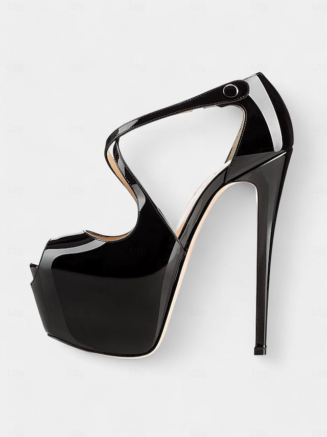 and Stiletto Cross with Platform Black Leather Patent Red Heels