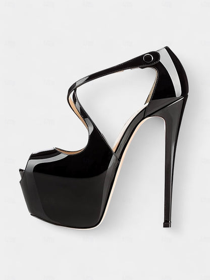 and Stiletto Cross with Platform Black Leather Patent Red Heels