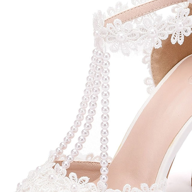 Lace Wedding Shoes Heel High Bridal Pointed Women's