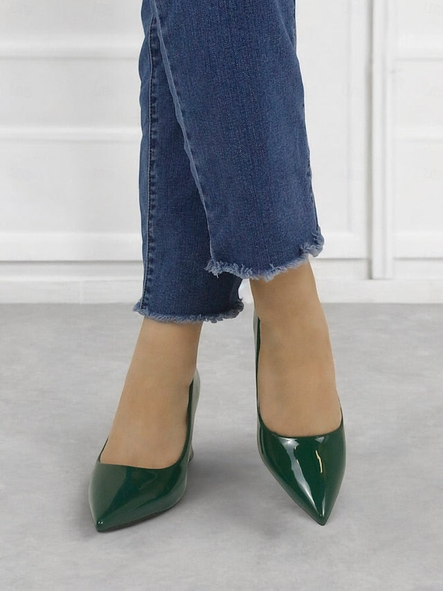 Leather Block Heel Glossy Pointed-Toe Pumps Green Patent Faux
