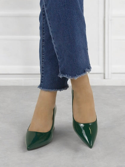 Leather Block Heel Glossy Pointed-Toe Pumps Green Patent Faux