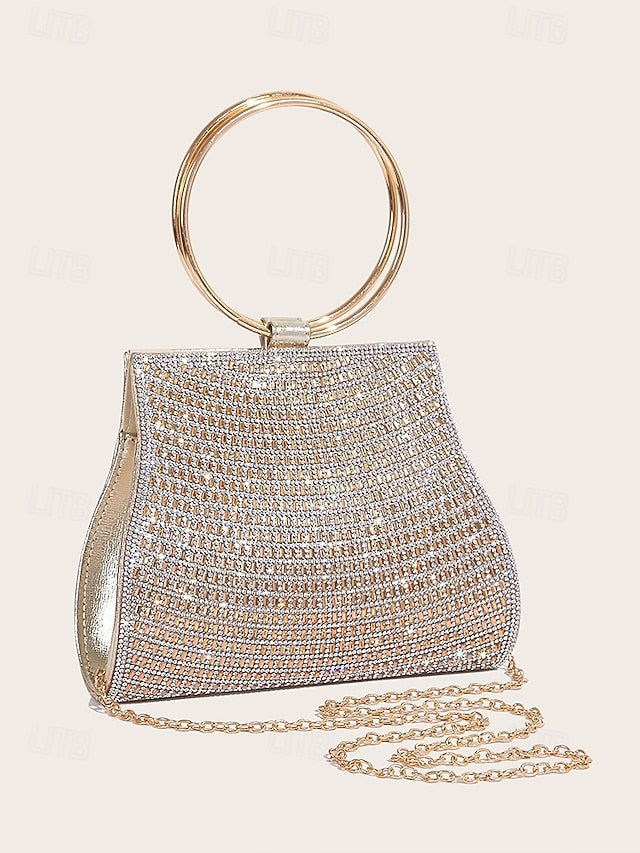 – Elegant Ring Crystal with Gold Evening Handle Clutch
