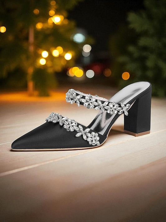 Women's Floral Satin Black Rhinestone Heel Mules Block with